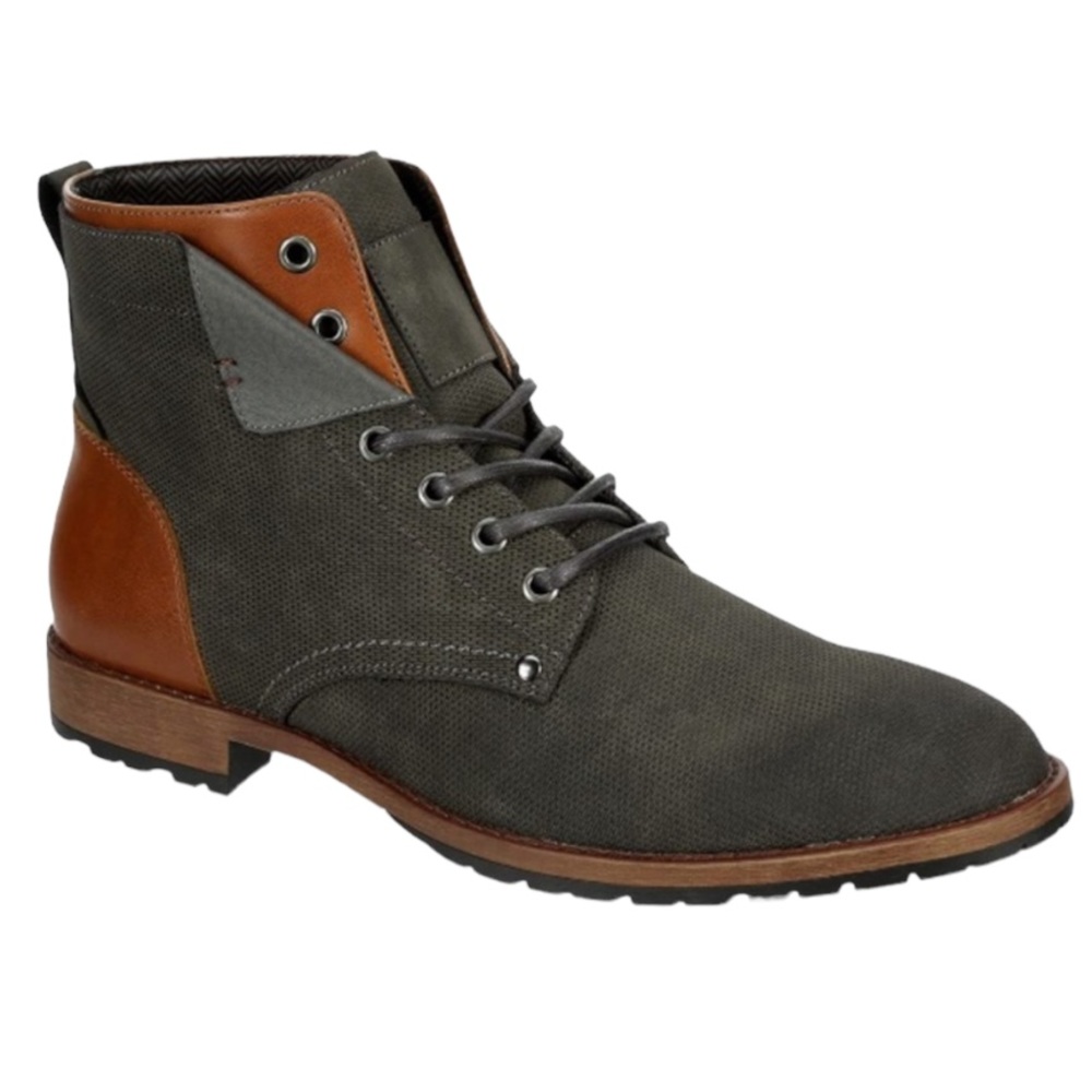 NEW! RESTORATION Crush Ankle Boots Faux Leather Lace Up Charcoal Gray Tan Size 8